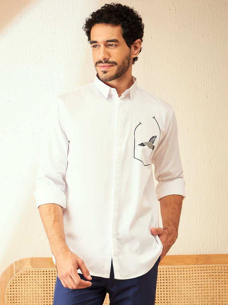 White: Full Sleeves Printed Opaque Party Shirt