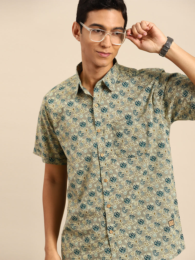 DENNISON Men Olive Green Block Printed Shirt