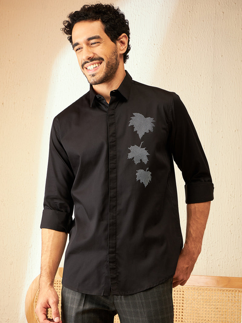 Black: Full Sleeves Floral Party Shirt