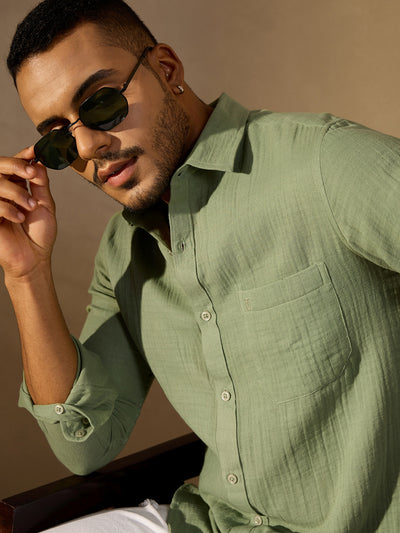 Green: Full Sleeves Muslin Double Gauze Resort Shirt