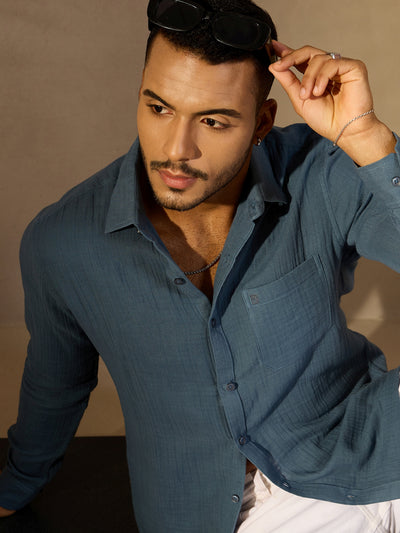 Blue: Full Sleeve Muslin Resort Shirt