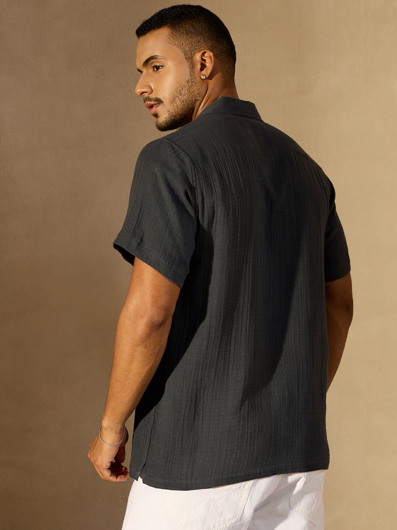 Grey:  Half Sleeves Muslin Double Gauze Resort Shirt