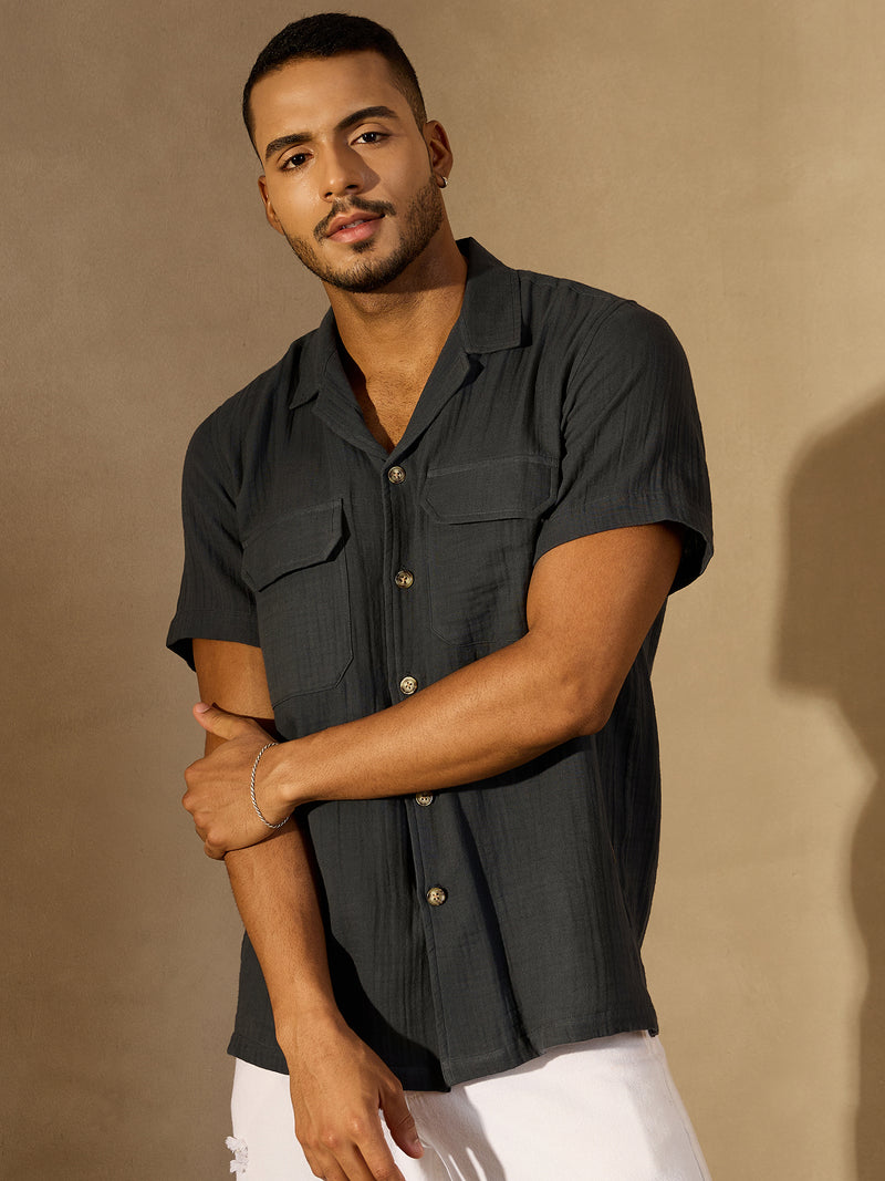 Grey:  Half Sleeves Muslin Double Gauze Resort Shirt