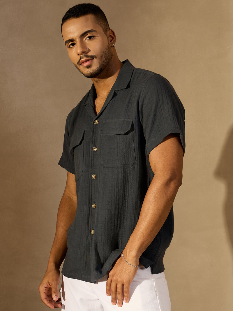 Grey:  Half Sleeves Muslin Double Gauze Resort Shirt