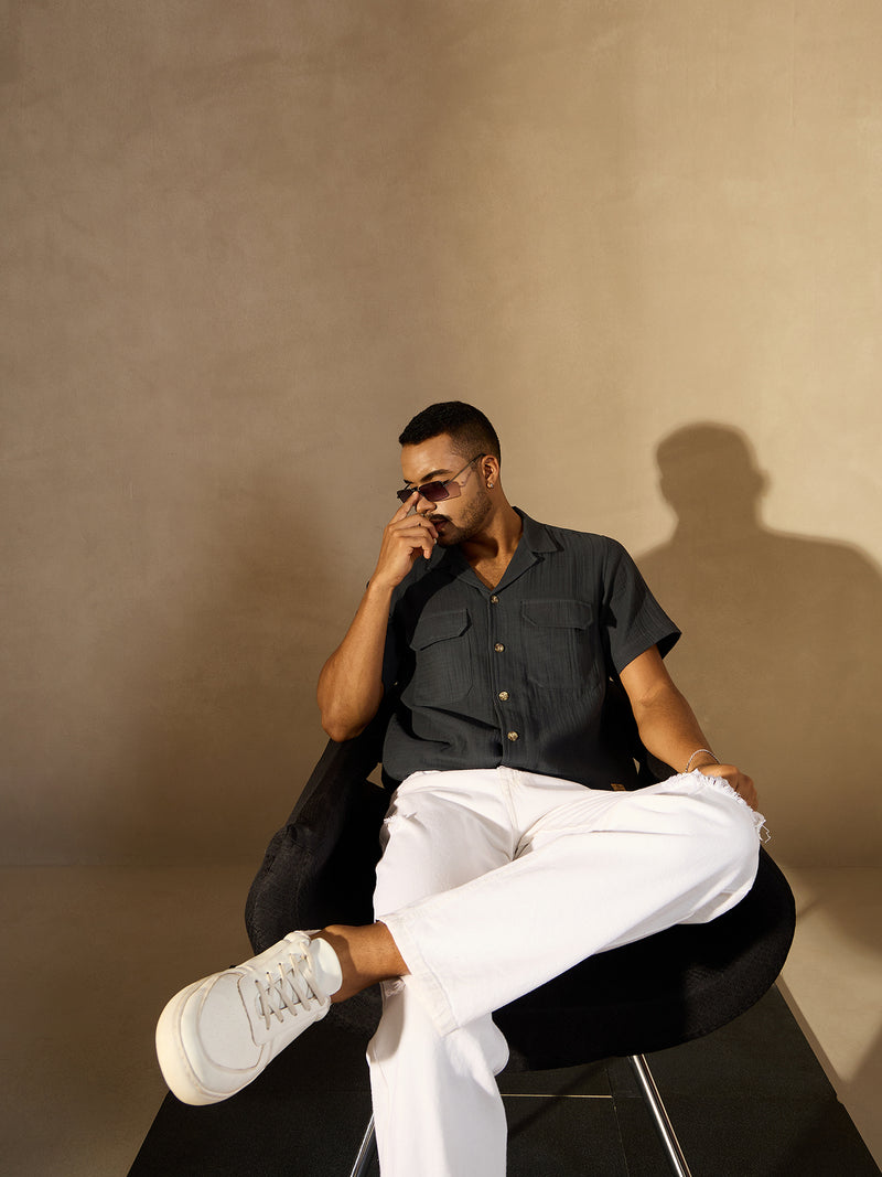 Grey:  Half Sleeves Muslin Double Gauze Resort Shirt