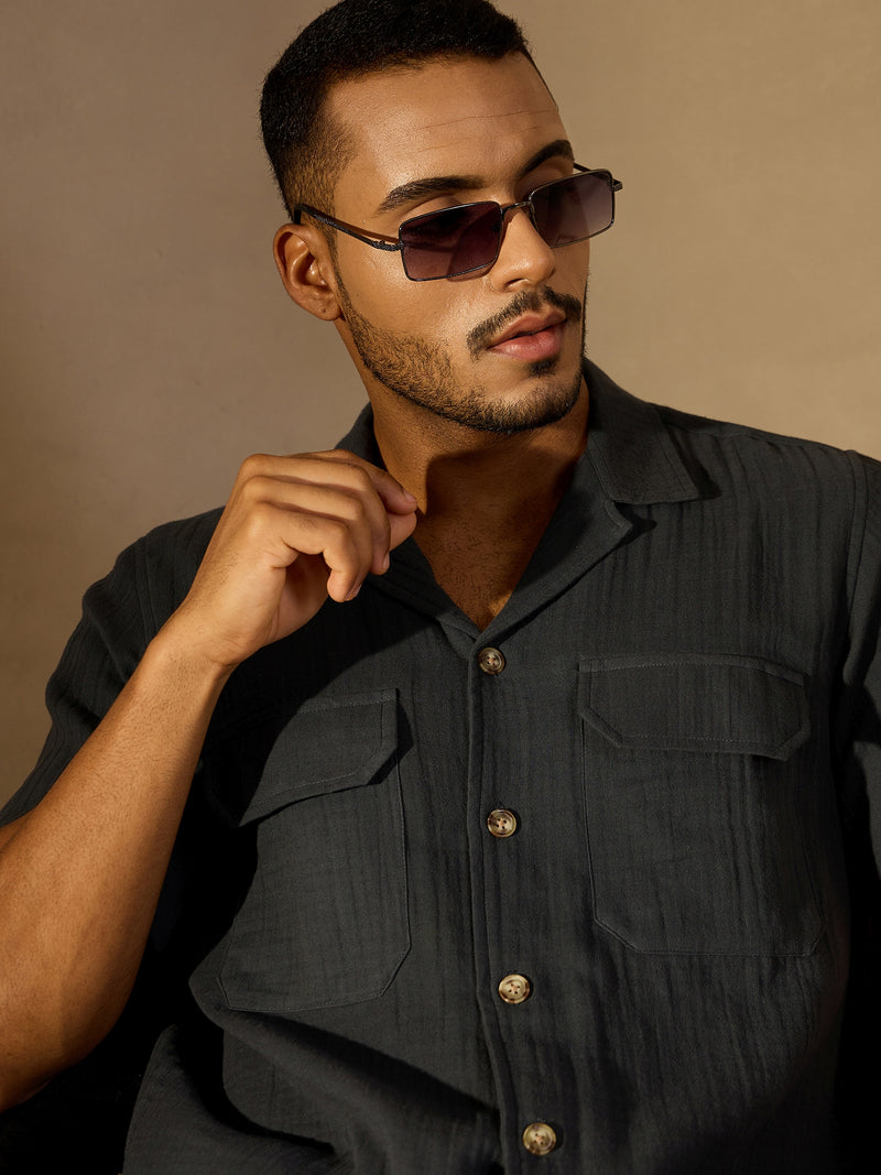 Grey:  Half Sleeves Muslin Double Gauze Resort Shirt