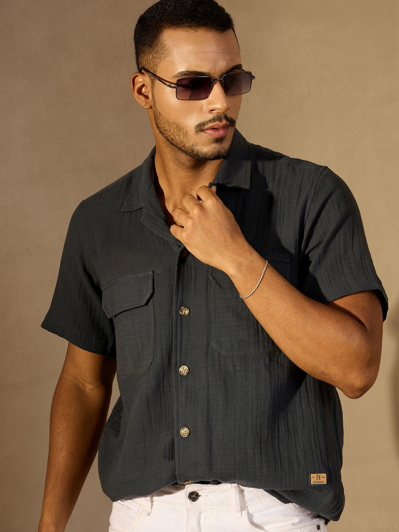 Grey:  Half Sleeves Muslin Double Gauze Resort Shirt