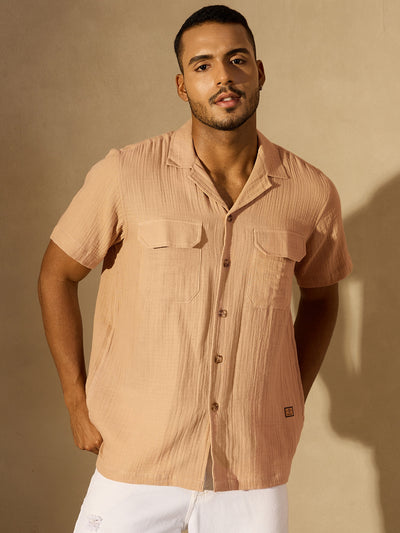 Beige: Half Sleeves Muslin Resort Shirt