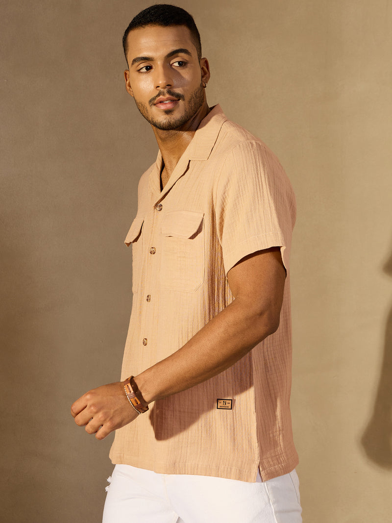 Beige: Half Sleeves Muslin Resort Shirt