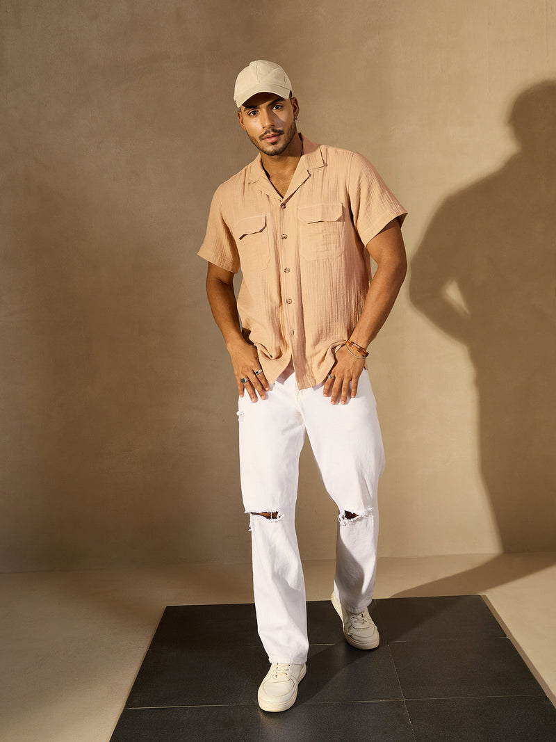 Beige: Half Sleeves Muslin Resort Shirt