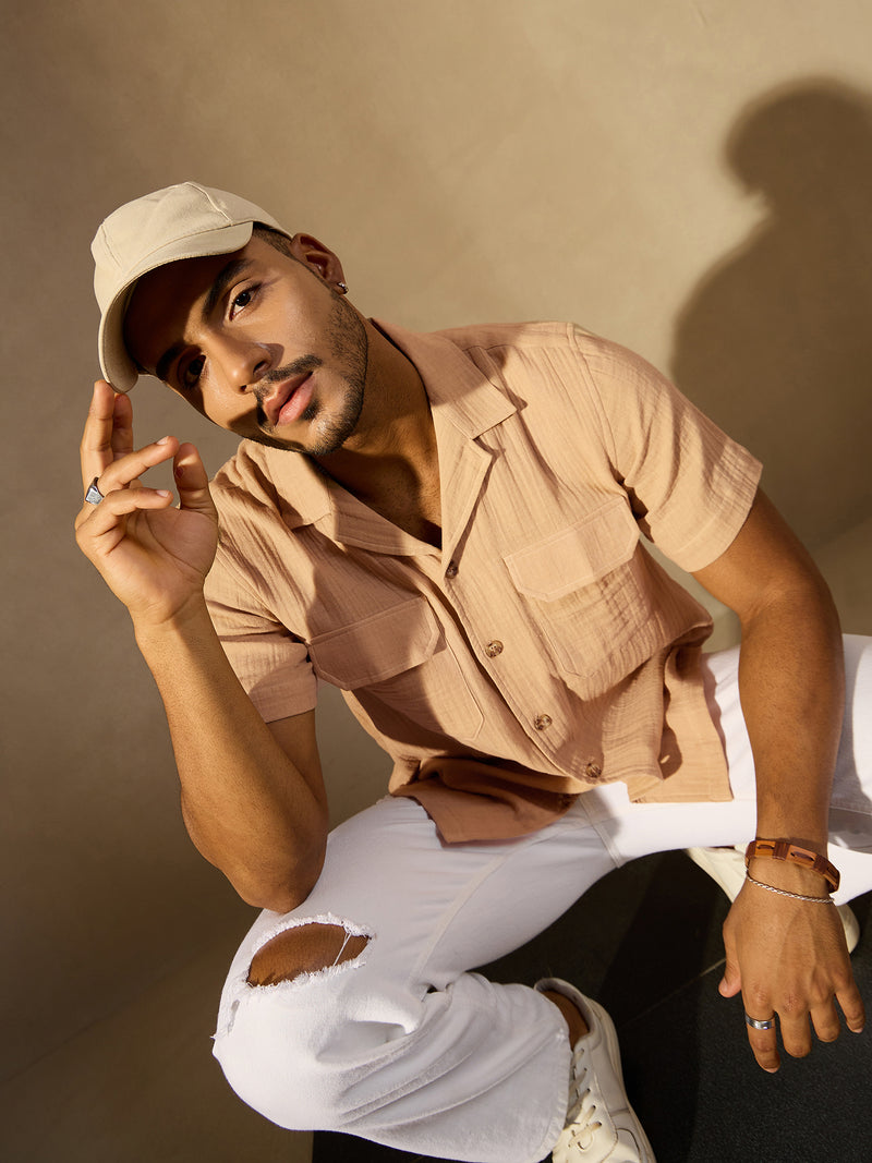 Beige: Half Sleeves Muslin Resort Shirt
