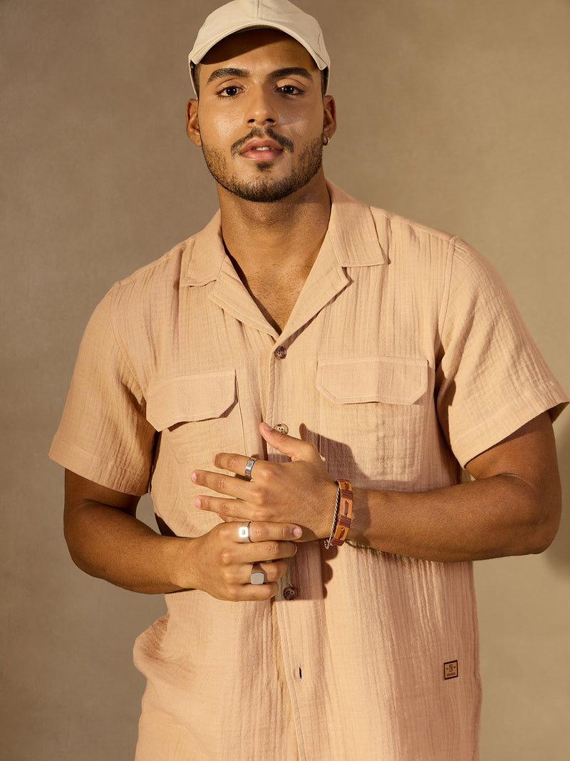 Beige: Half Sleeves Muslin Resort Shirt