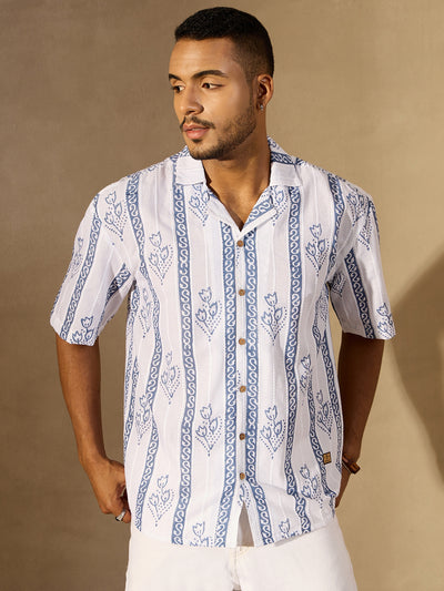 White Border Printed Drop Shoulder Oversized Shirt