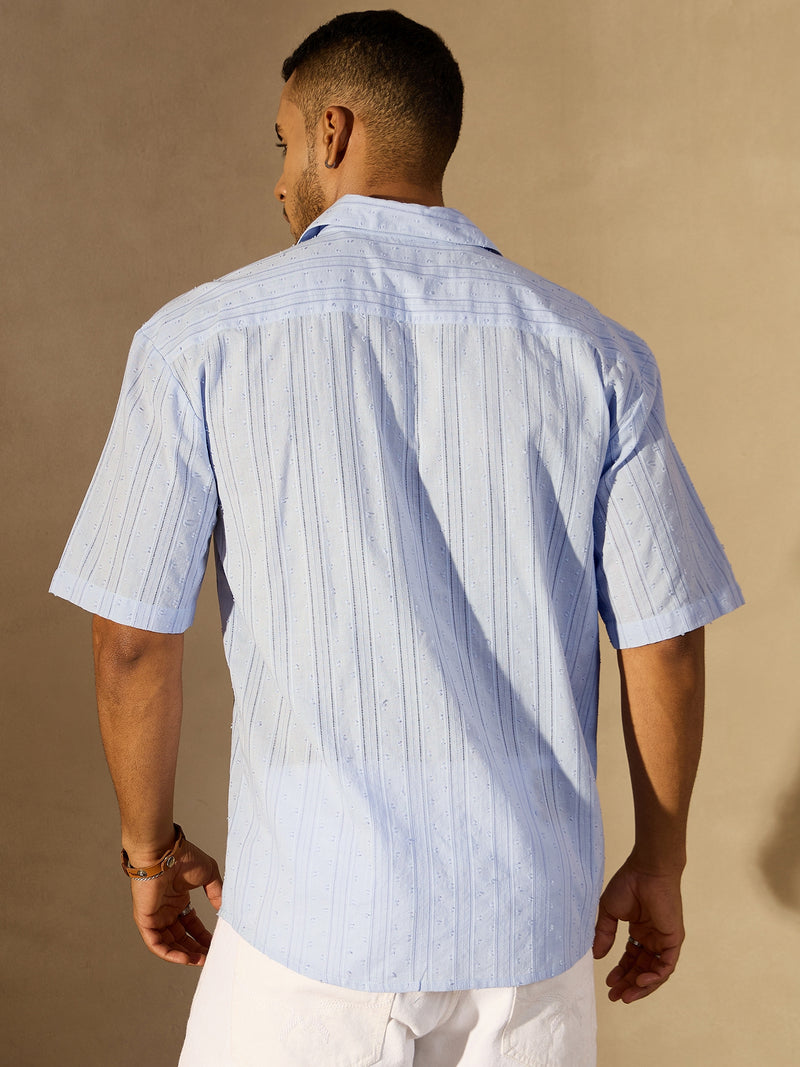 Sky Blue: Half Sleeves Semi Sheer Oversized Striped Shirt