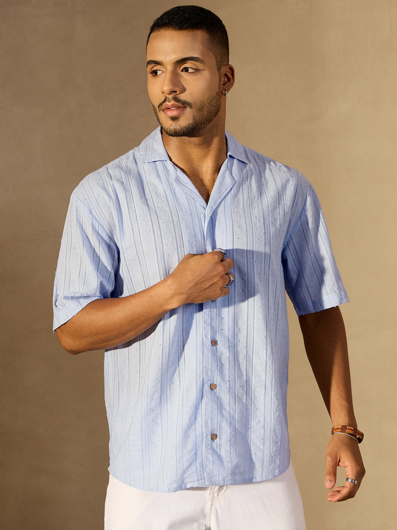 Sky Blue: Half Sleeves Semi Sheer Oversized Striped Shirt