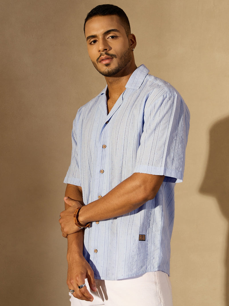 Sky Blue: Half Sleeves Semi Sheer Oversized Striped Shirt