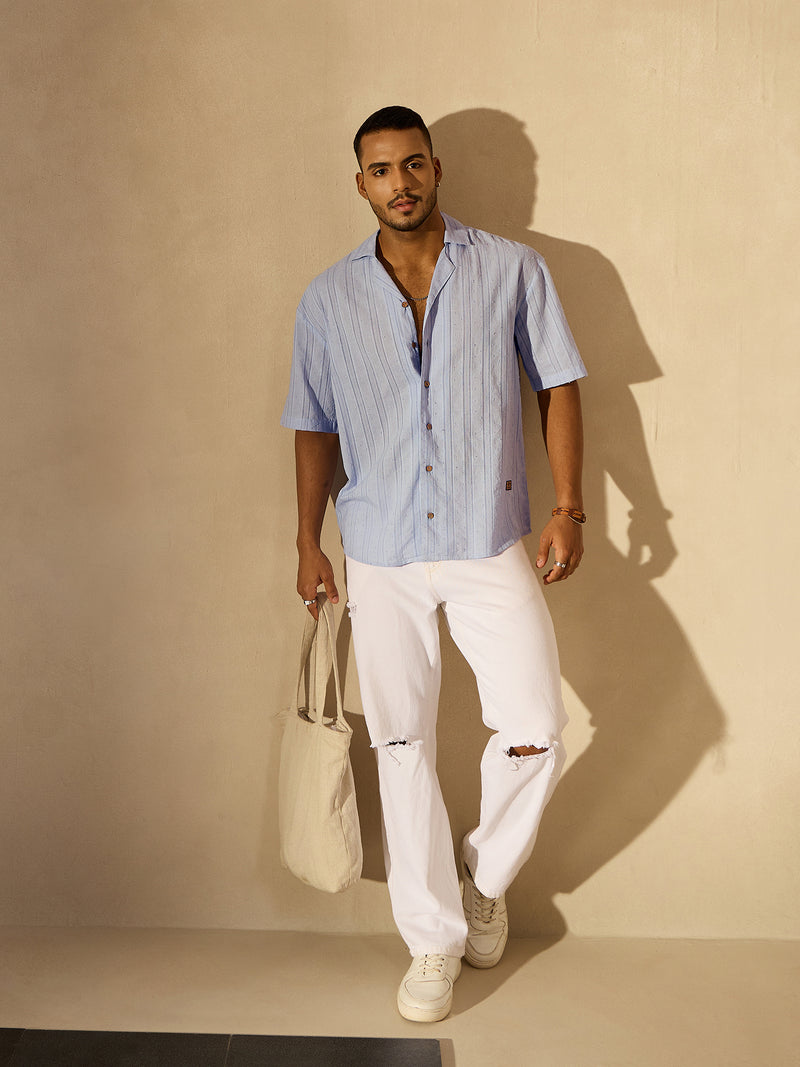 Sky Blue: Half Sleeves Semi Sheer Oversized Striped Shirt
