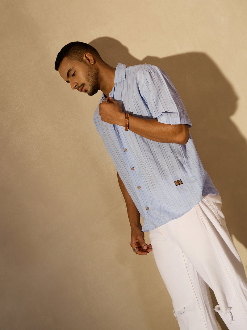 Sky Blue: Half Sleeves Semi Sheer Oversized Striped Shirt