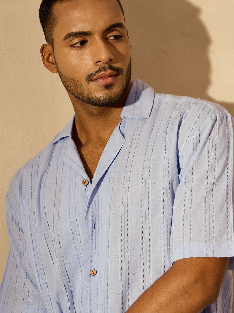 Sky Blue: Half Sleeves Semi Sheer Oversized Striped Shirt