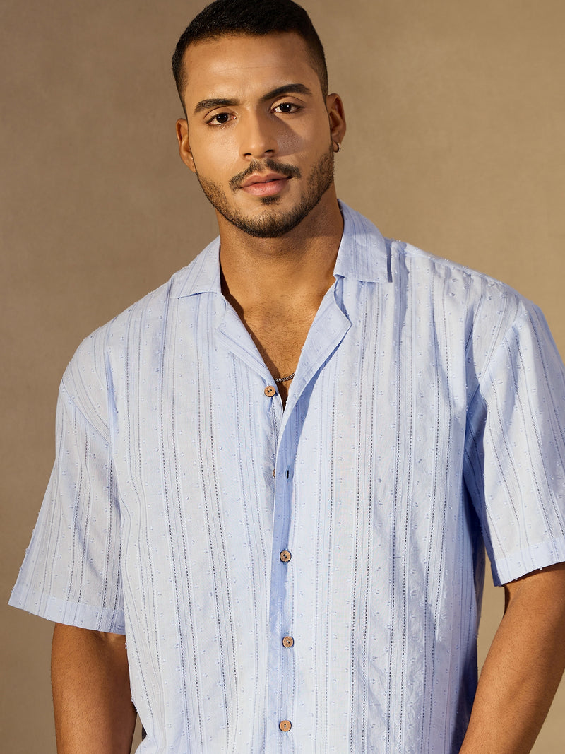 Sky Blue: Half Sleeves Semi Sheer Oversized Striped Shirt