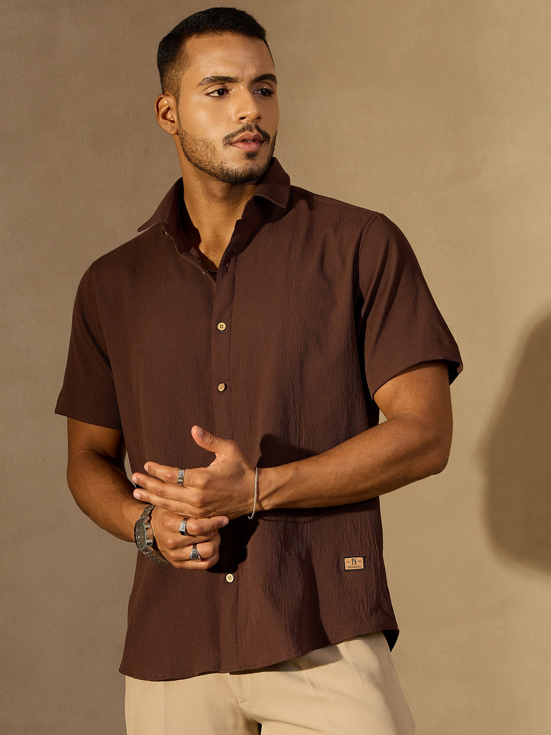 Light Brown Short Sleeves Cotton Shirt