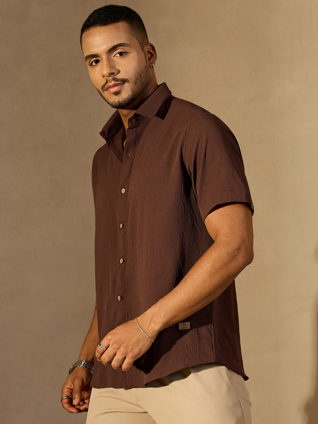 Light Brown Short Sleeves Cotton Shirt