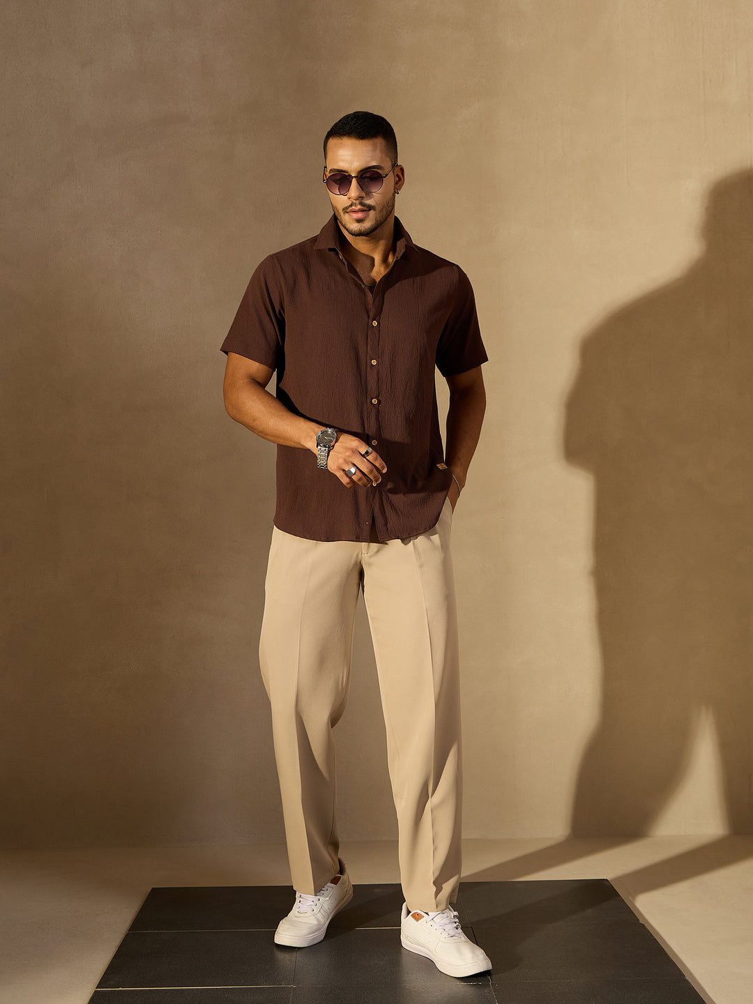 Light Brown Short Sleeves Cotton Shirt