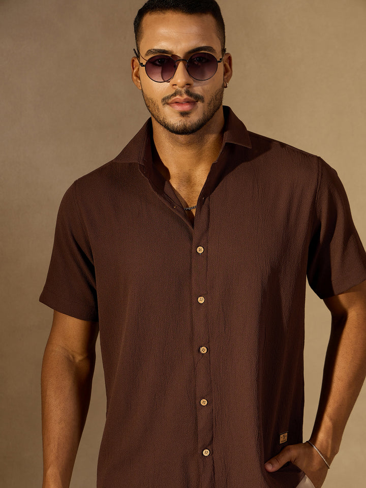 Light Brown Short Sleeves Cotton Shirt