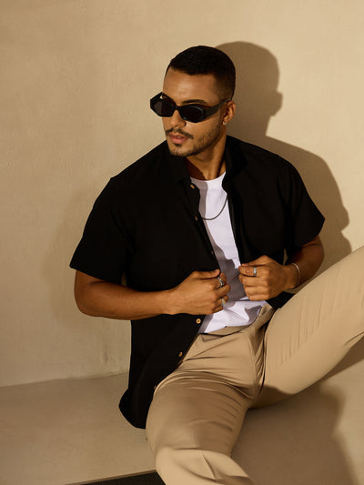 Black: Half Sleeves Cotton Shirt