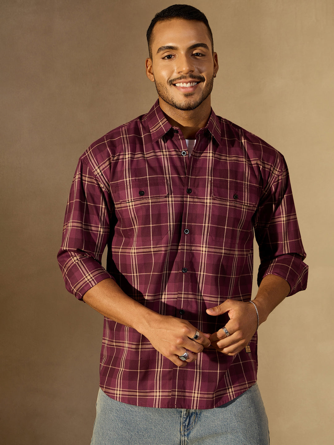 Drop shoulder Double Pocket Checked Shirt