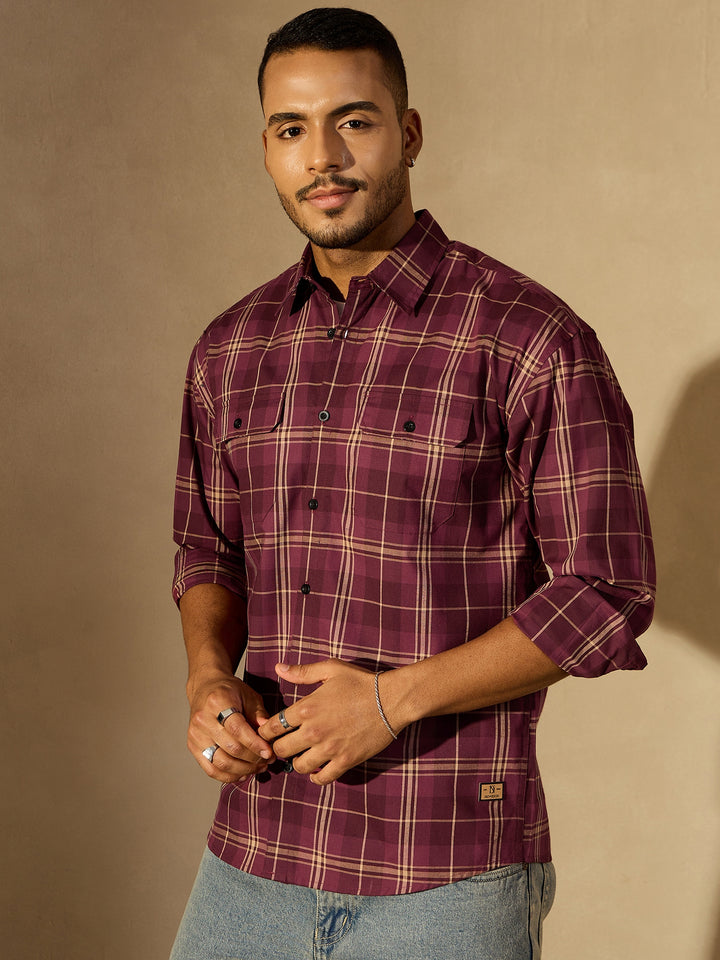 Drop shoulder Double Pocket Checked Shirt