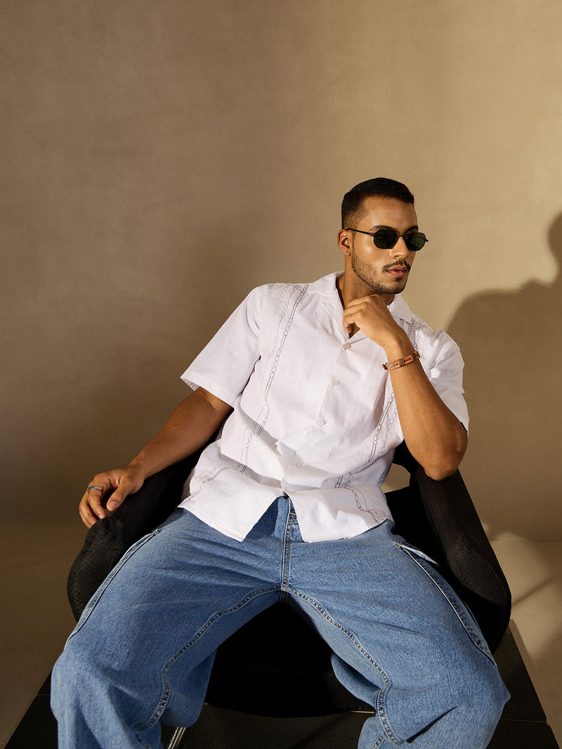 White: Half Sleeves Embroidered Shirt