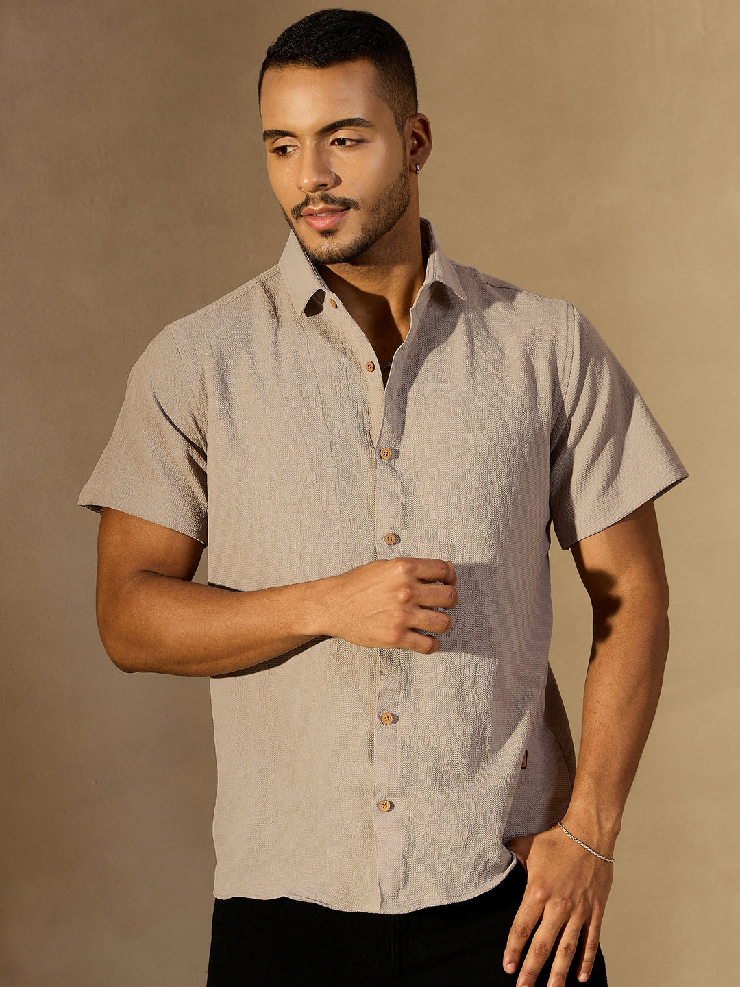 Grey Short Sleeves Cotton Shirt