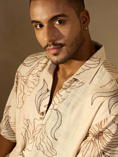 Beige & Brown: Half Sleeves floral printed Oversized Casual Shirt