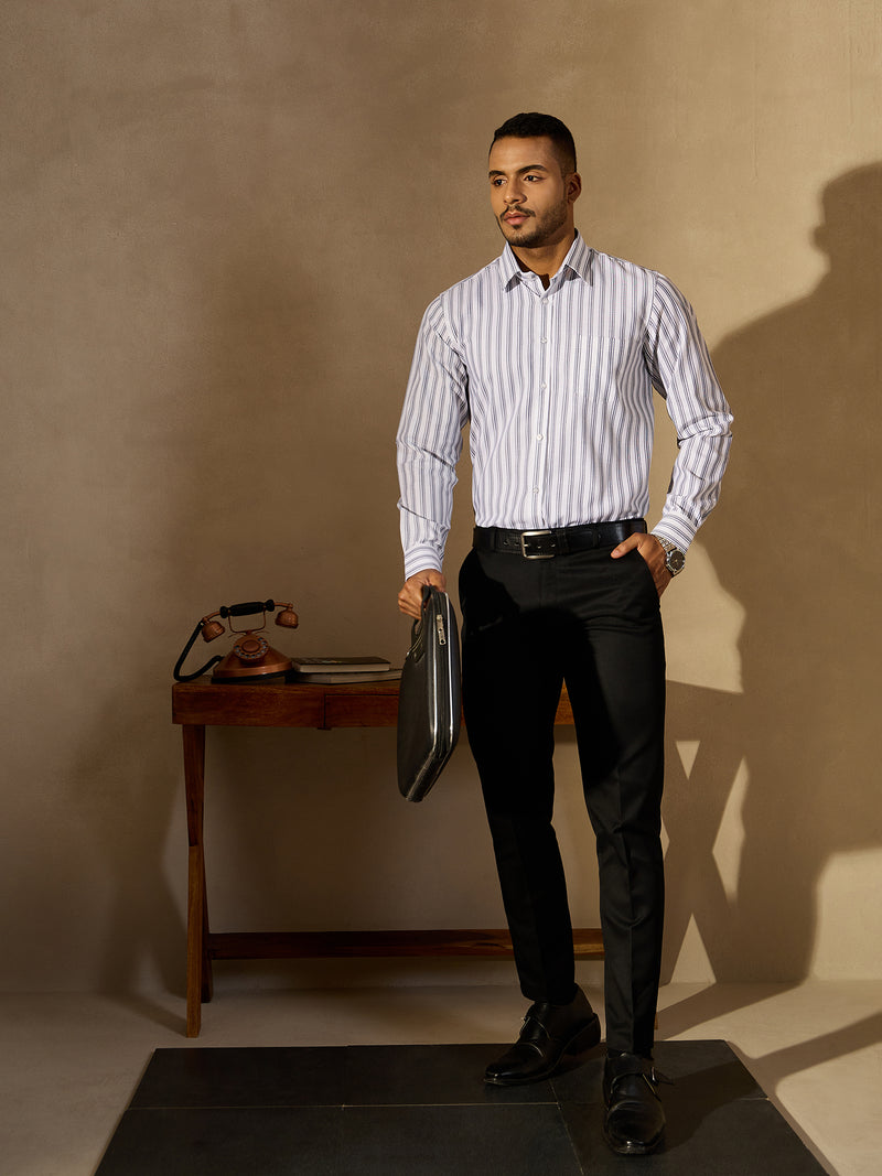 White: Full Sleeves Regular Fit Formal Striped Shirt