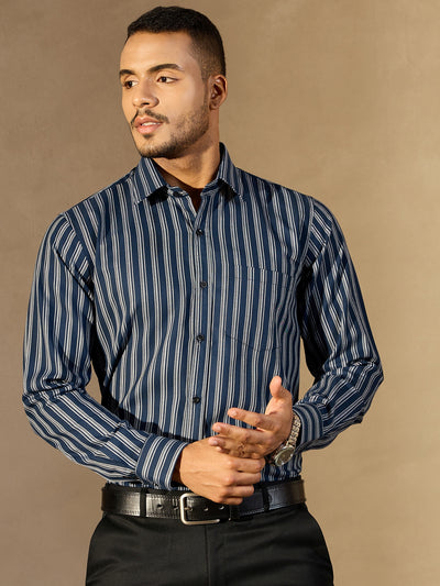 Blue: Full Sleeves Regular Fit Formal Striped Shirt