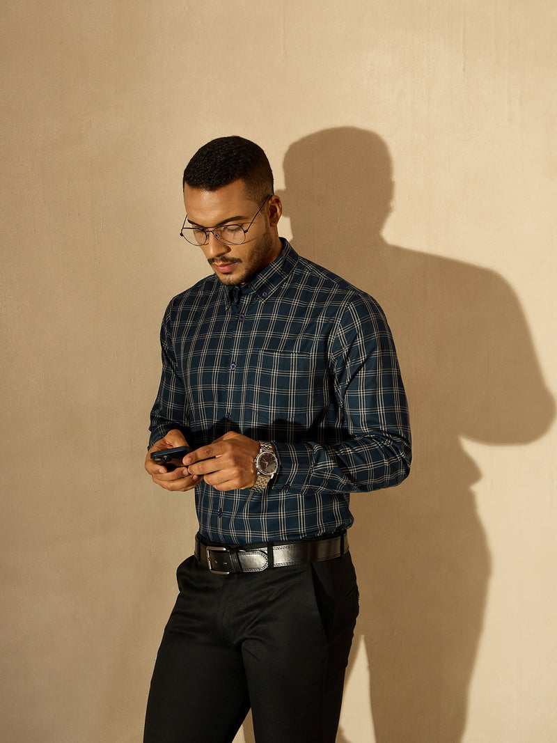 Blue: Full Sleeves Formal Tartan Check Shirt