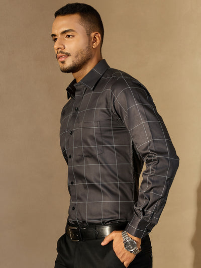 Dark Grey & White Checked Formal Shirt