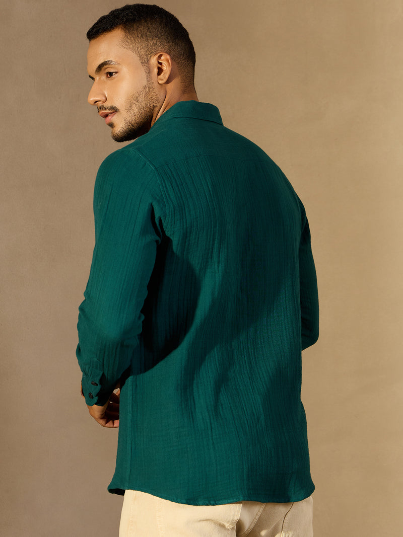 Dark Green: Full Sleeves Muslin Resort Shirt
