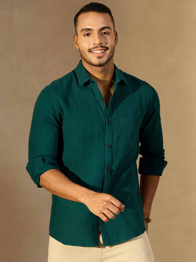 Dark Green: Full Sleeves Muslin Resort Shirt