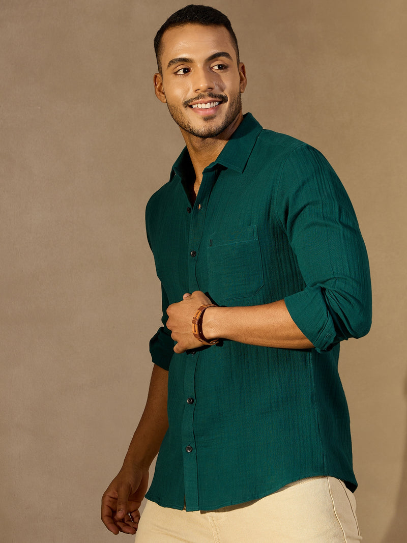 Dark Green: Full Sleeves Muslin Resort Shirt