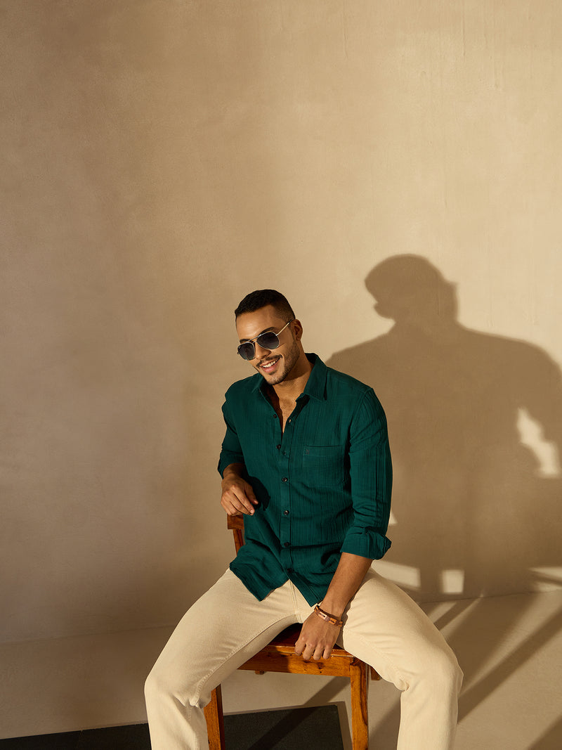 Dark Green: Full Sleeves Muslin Resort Shirt