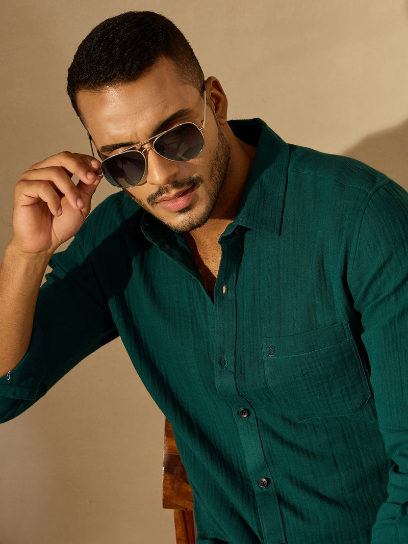Dark Green: Full Sleeves Muslin Resort Shirt