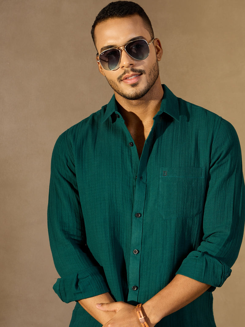 Dark Green: Full Sleeves Muslin Resort Shirt