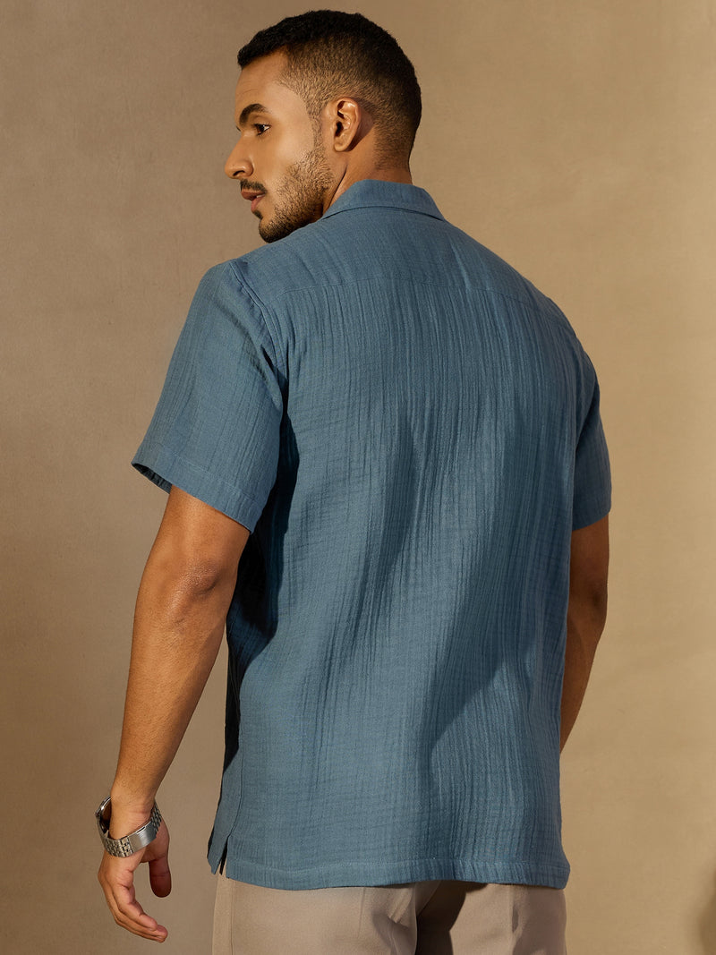 Blue: Half Sleeves Muslin Resort Shirt