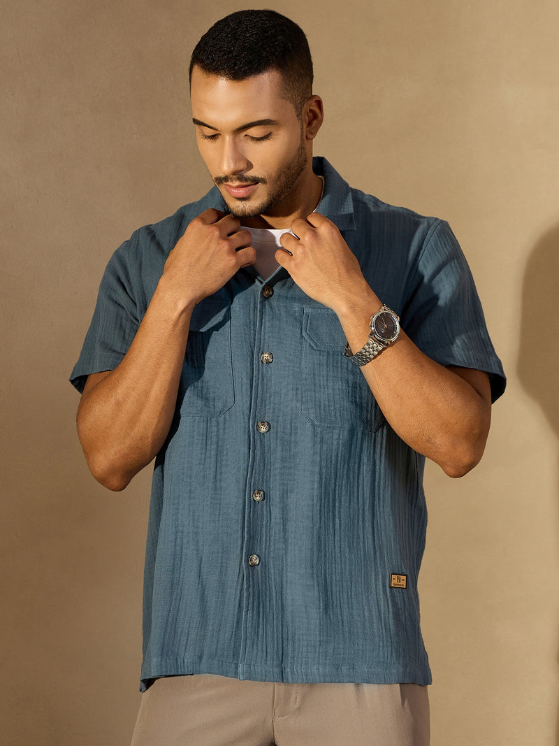Blue: Half Sleeves Muslin Resort Shirt