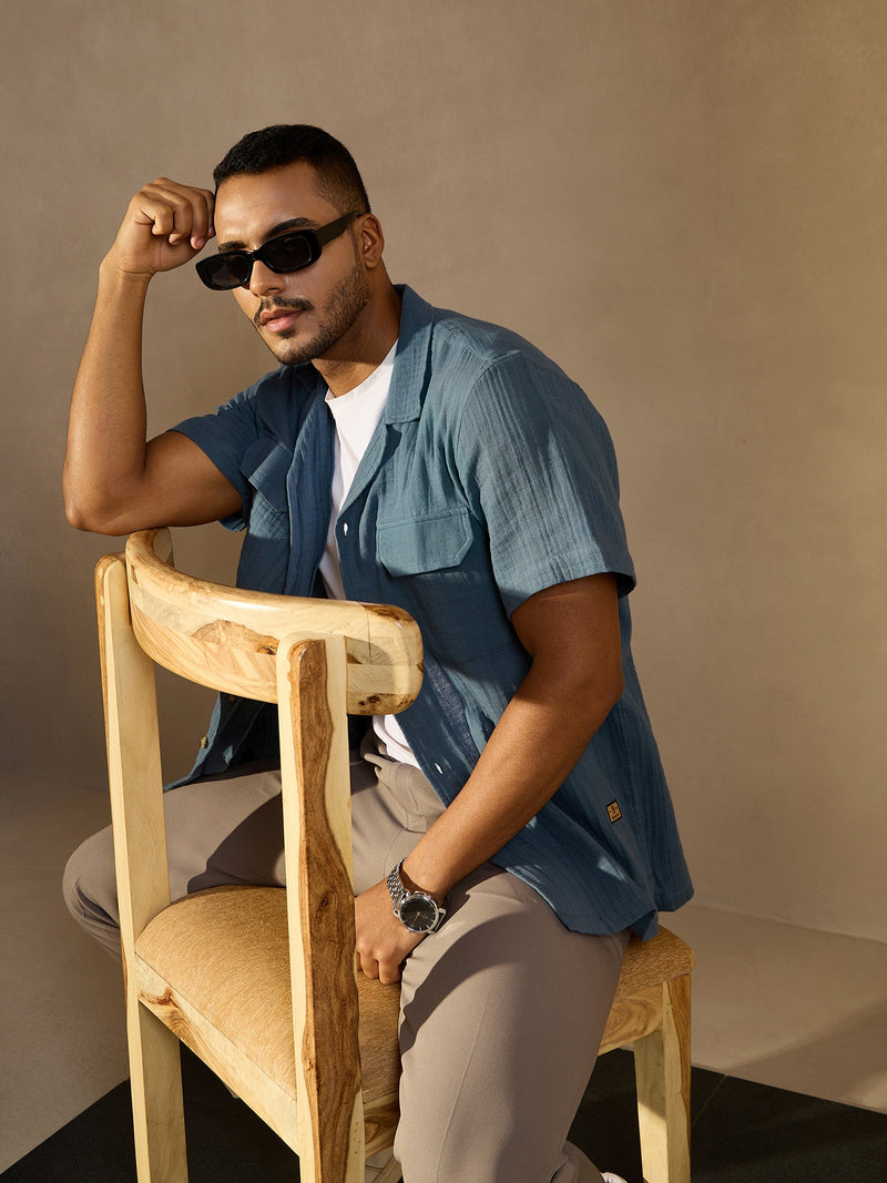 Blue: Half Sleeves Muslin Resort Shirt