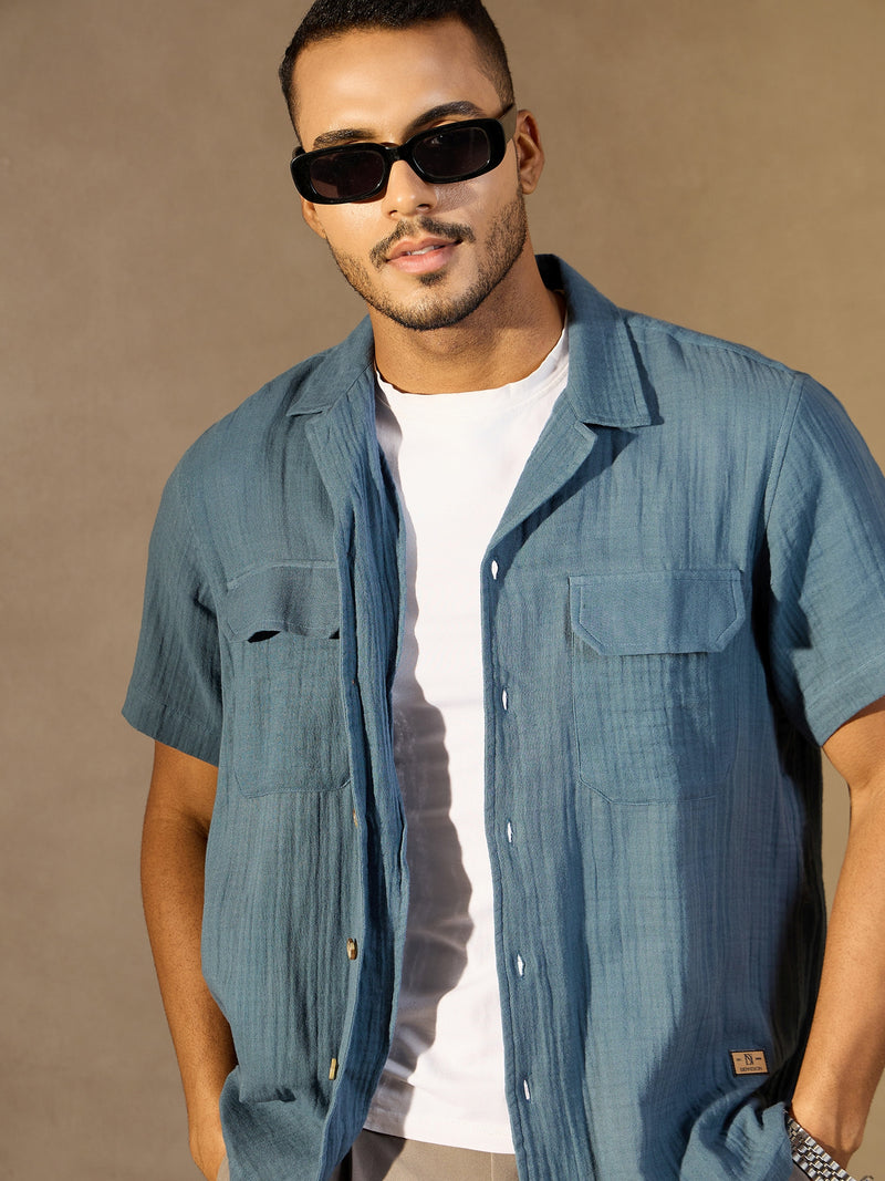 Blue: Half Sleeves Muslin Resort Shirt