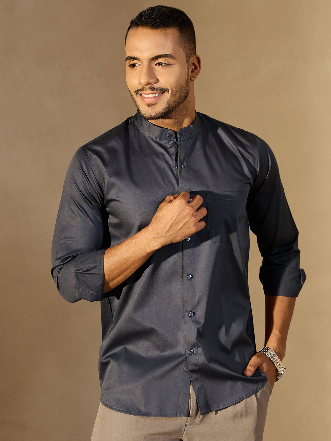 Grey Mandarin Collar Casual Shirt