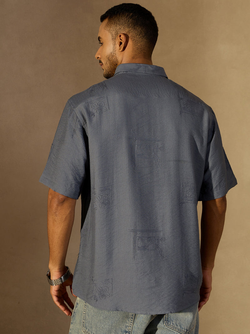 Dark Grey:Half Sleeves Embroidery Shirt